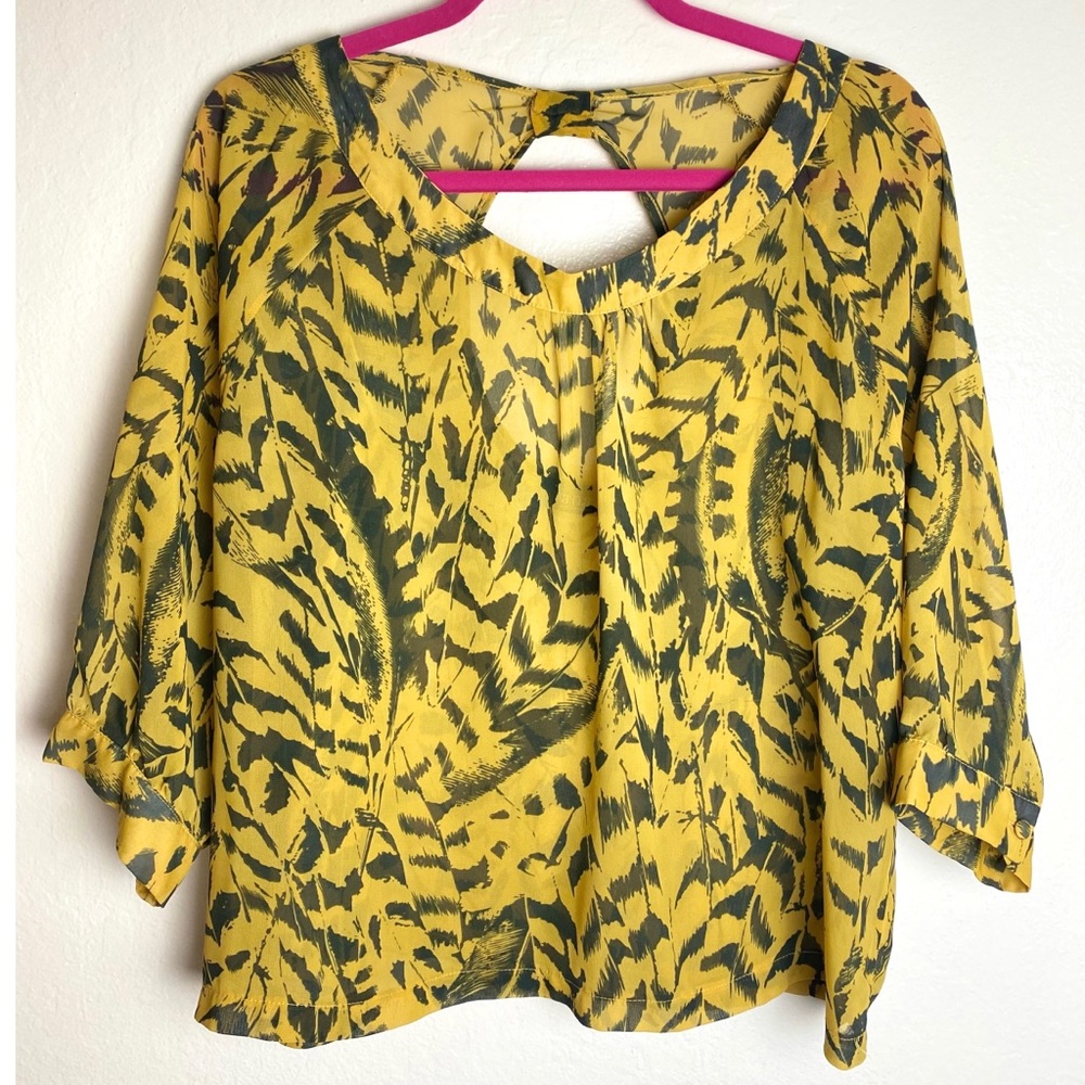 Mustard and Black Sheer Cropped Blouse with Open Back